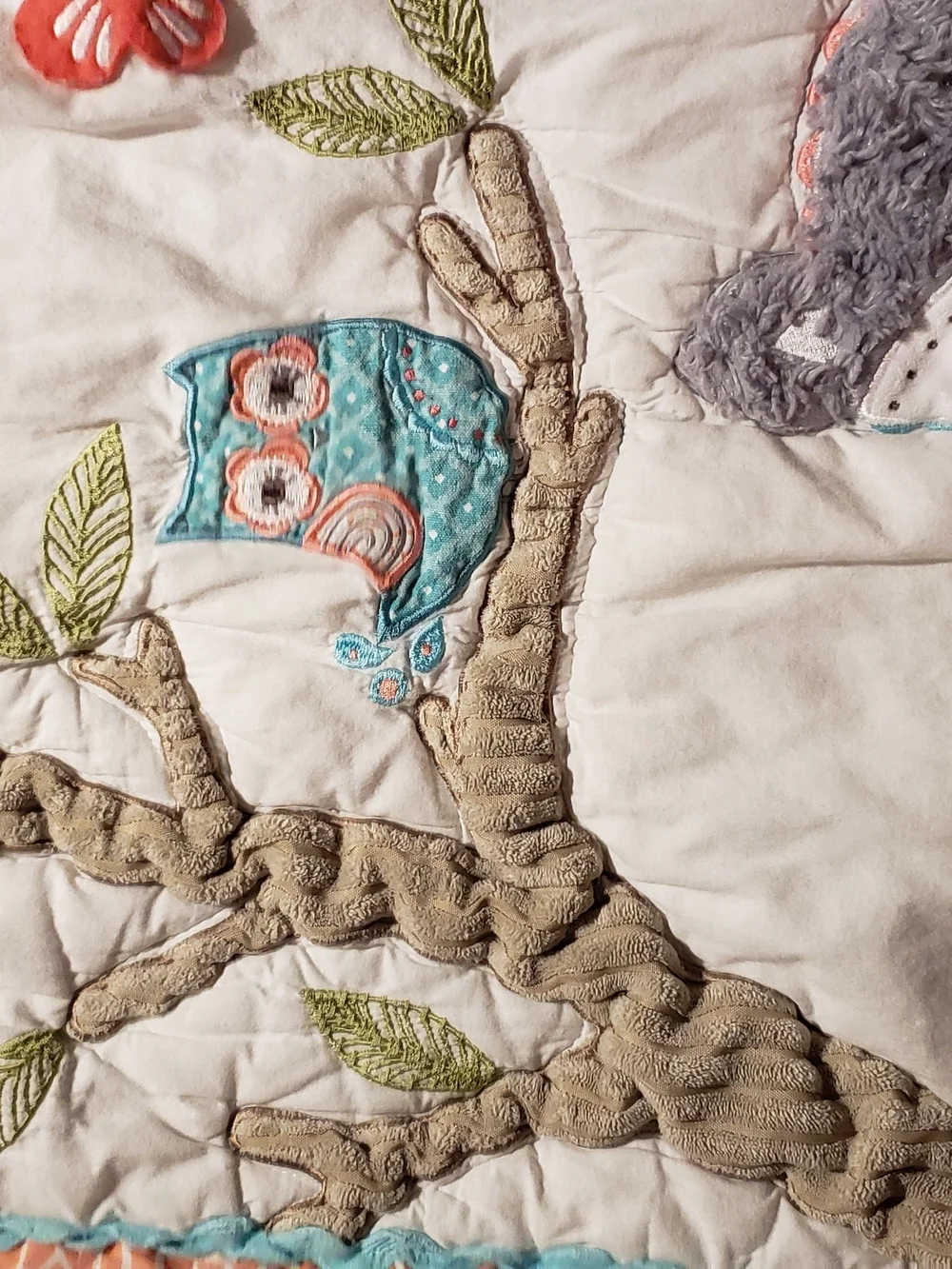 Levtex Quilted Baby Blanket with Fox, Peacock & Owl - White, Teal, Coral